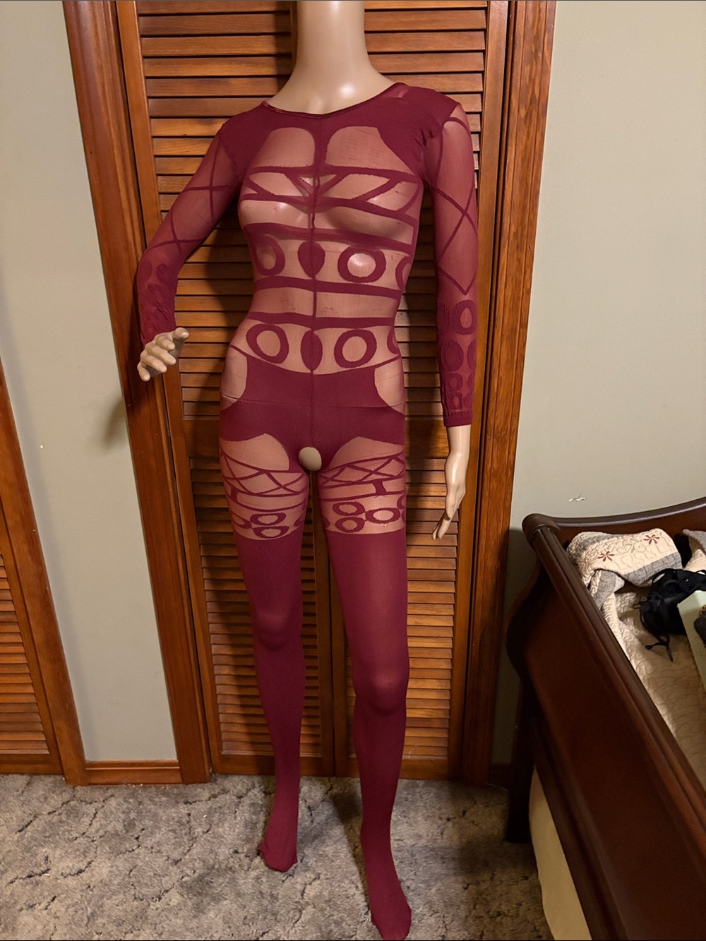 Stretch Mesh Bodysuit - Burgundy Sheer Long-Sleeve